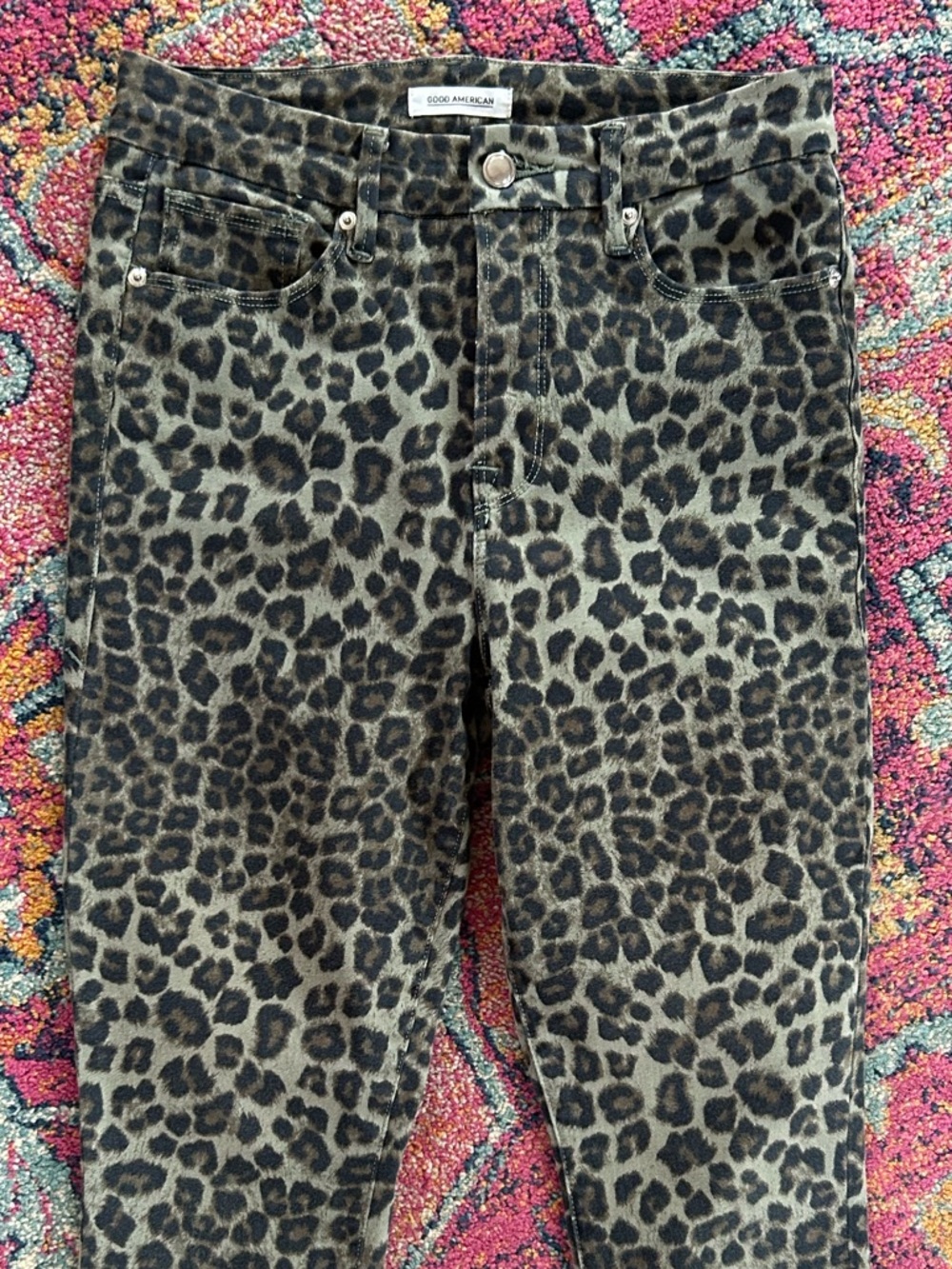 Good American | Women’s Olive Green/Black Leopard Print Good Waist Crop Jeans 28 - Picture 6 of 16